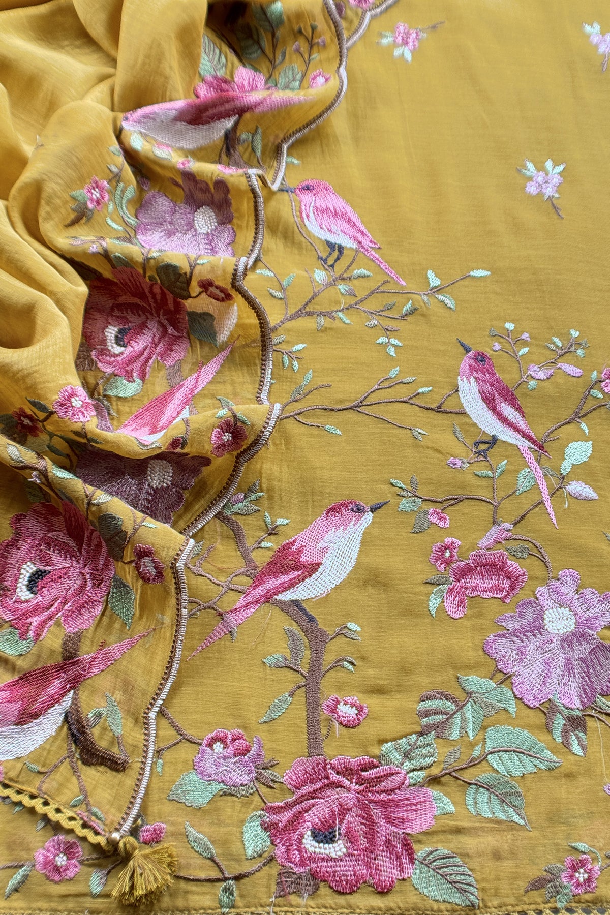 Mustard  Pure Mul Cotton Silk Suit With Thread Embroidery