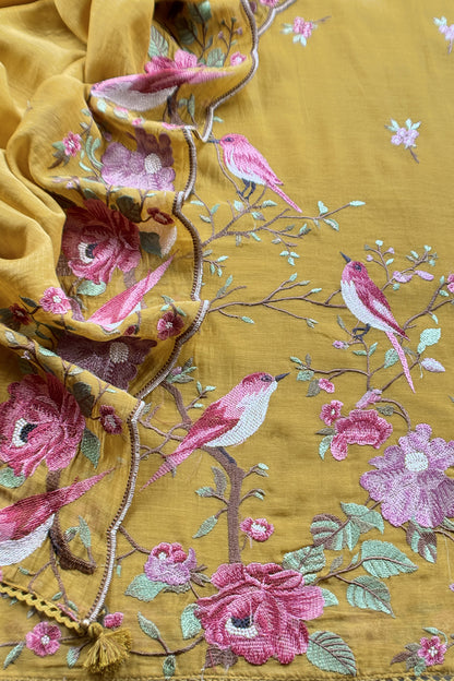 Mustard  Pure Mul Cotton Silk Suit With Thread Embroidery