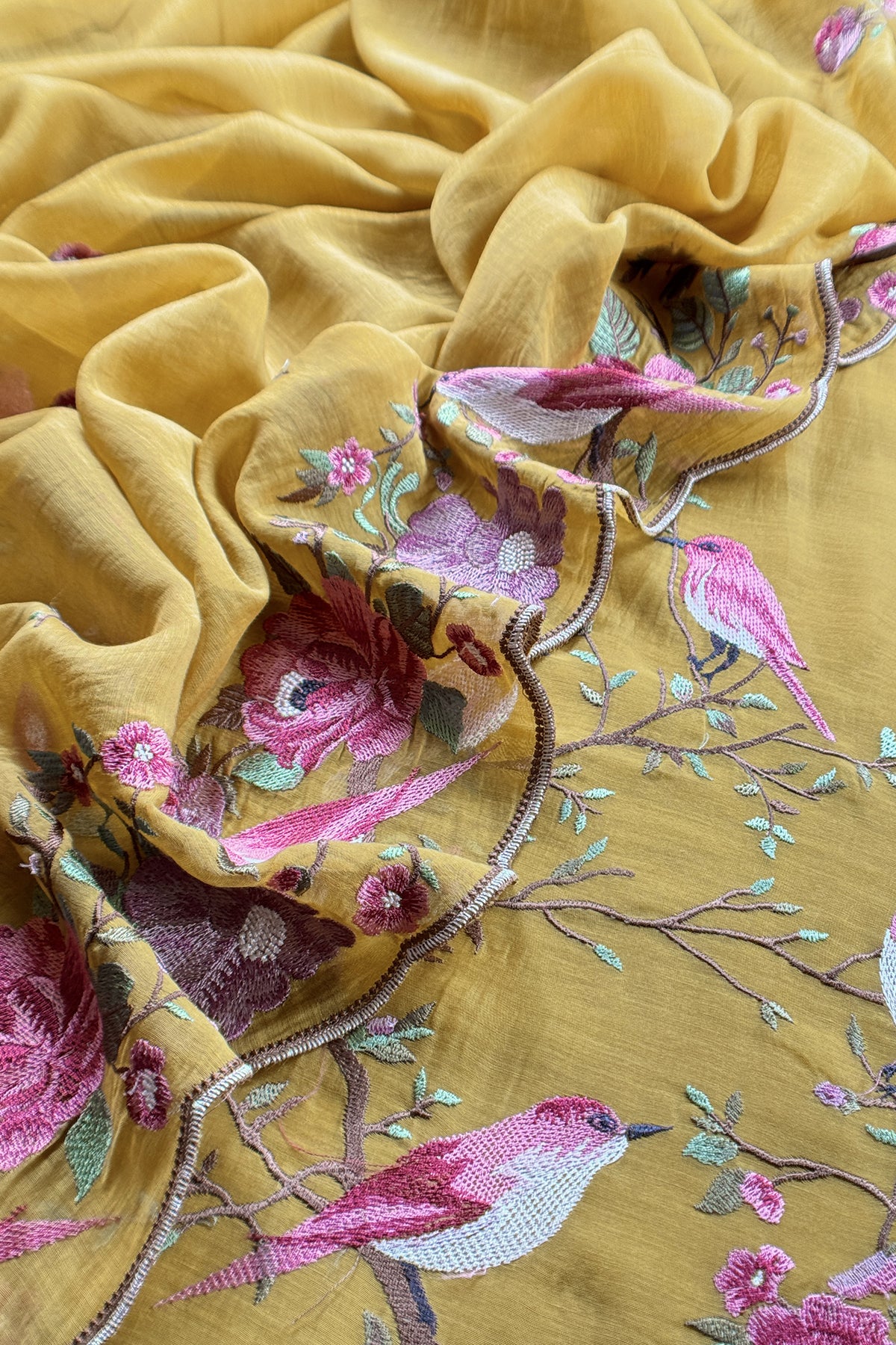 Mustard  Pure Mul Cotton Silk Suit With Thread Embroidery