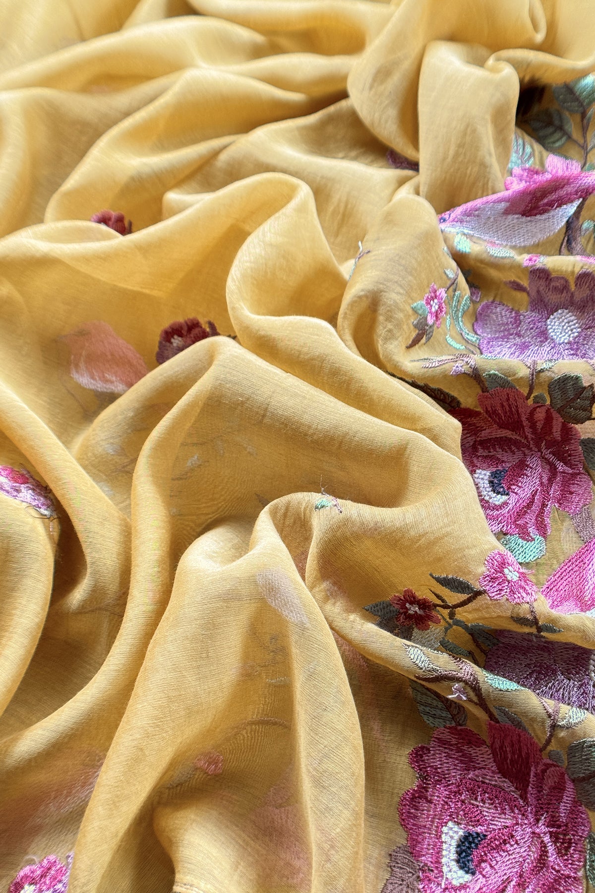 Mustard  Pure Mul Cotton Silk Suit With Thread Embroidery