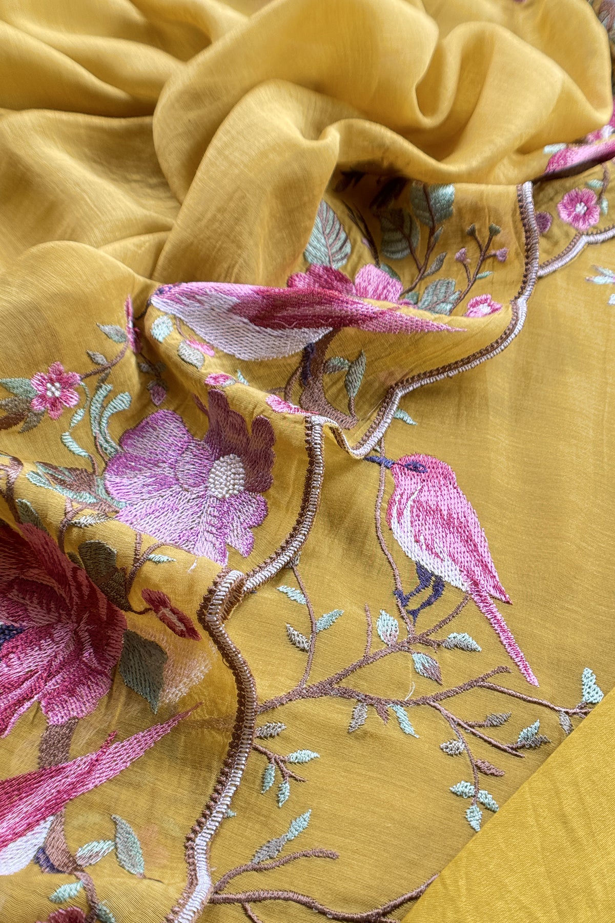 Mustard  Pure Mul Cotton Silk Suit With Thread Embroidery