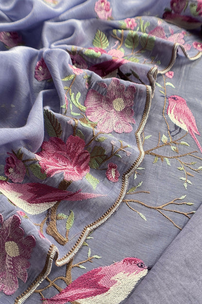 Ice Blue Pure Mul Cotton Silk Suit With Thread Embroidery