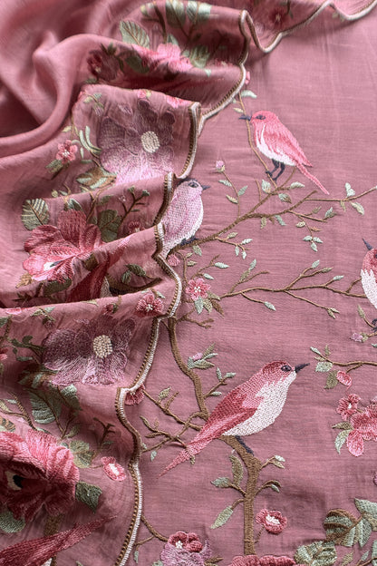 Dusty Pink Pure Mul Cotton Silk Suit With Thread Embroidery