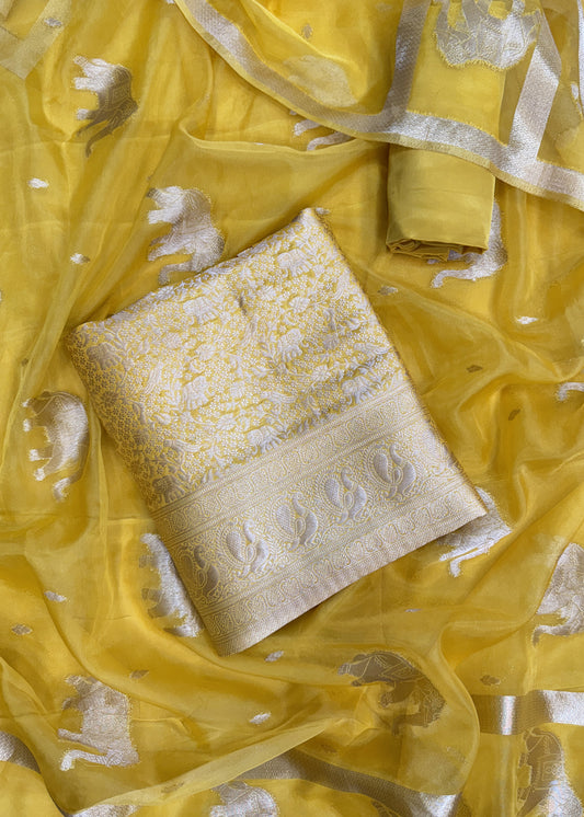 Yellow Banarasi Silk Brocade Suit With Organza Dupatta