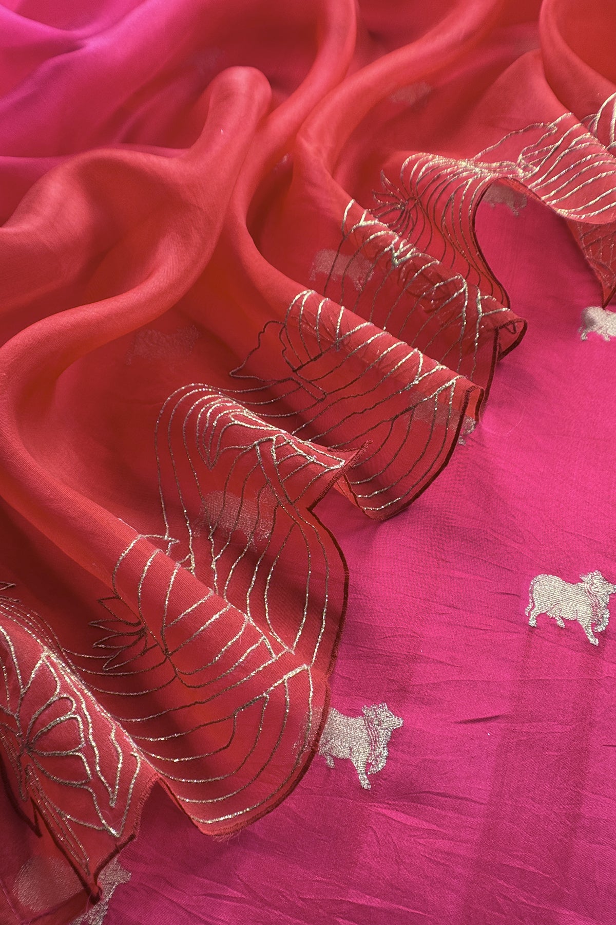 Pink Pure Chiniya Silk Kurta And Ombré Kora Silk Dupatta With Handw