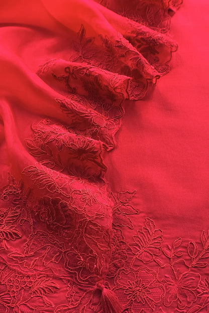 Kalasheel Luxe Red Handloom Organza Suit With Garden French Embroidery