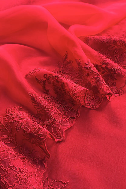 Kalasheel Luxe Red Handloom Organza Suit With Garden French Embroidery