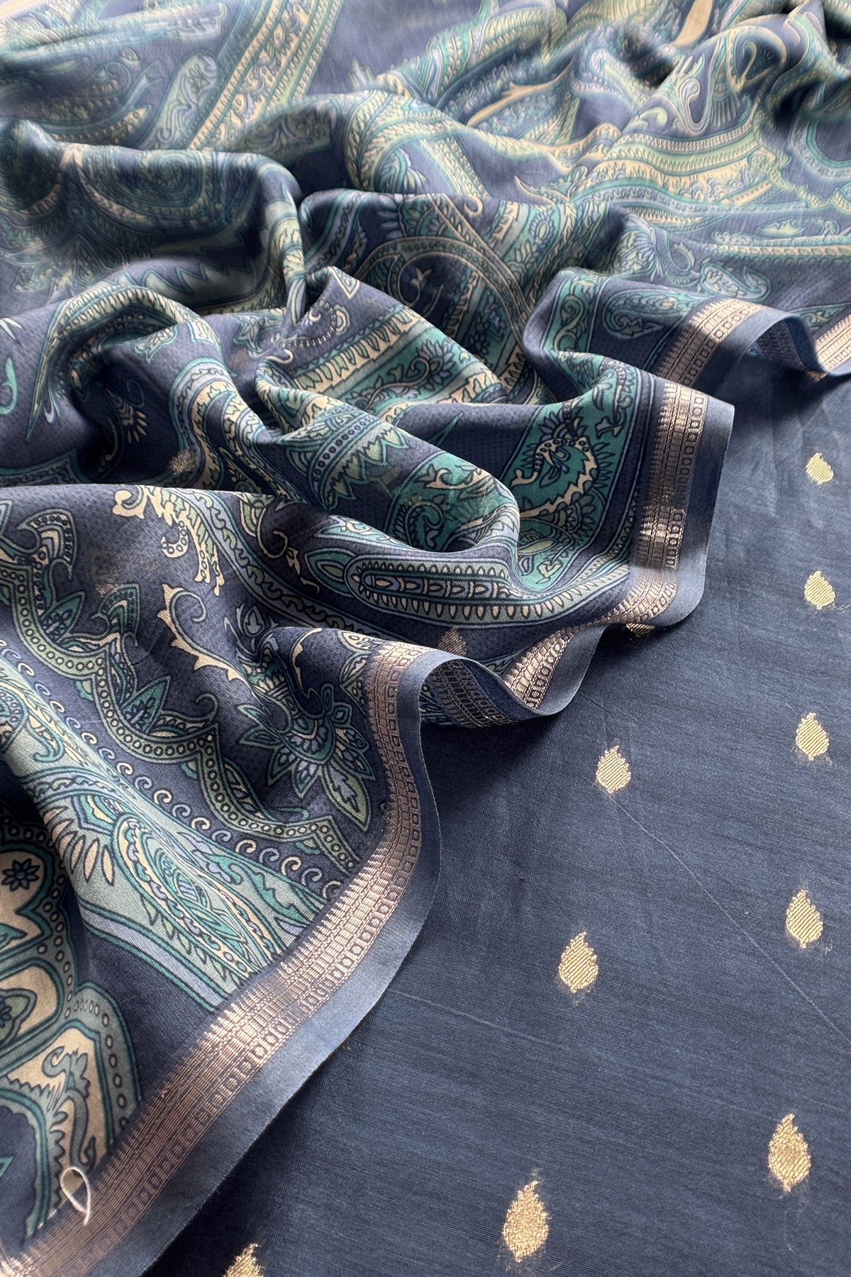 Blue Pure Maheshwari Silk Suit With Dupatta