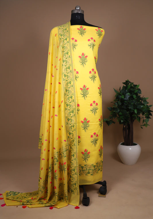 Yellow Handwoven Meenakari Unstitched Suit In Pure Cotton