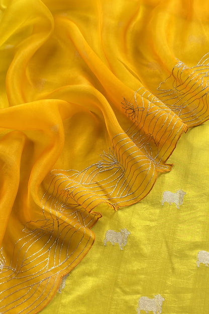 Yellow Pure Chiniya Silk Kurta And Ombré Kora Silk Dupatta With Handw