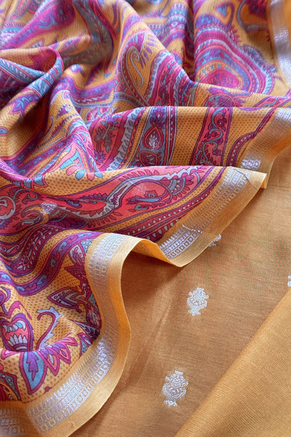 Yellow Pure Maheshwari Silk Suit With Dupatta