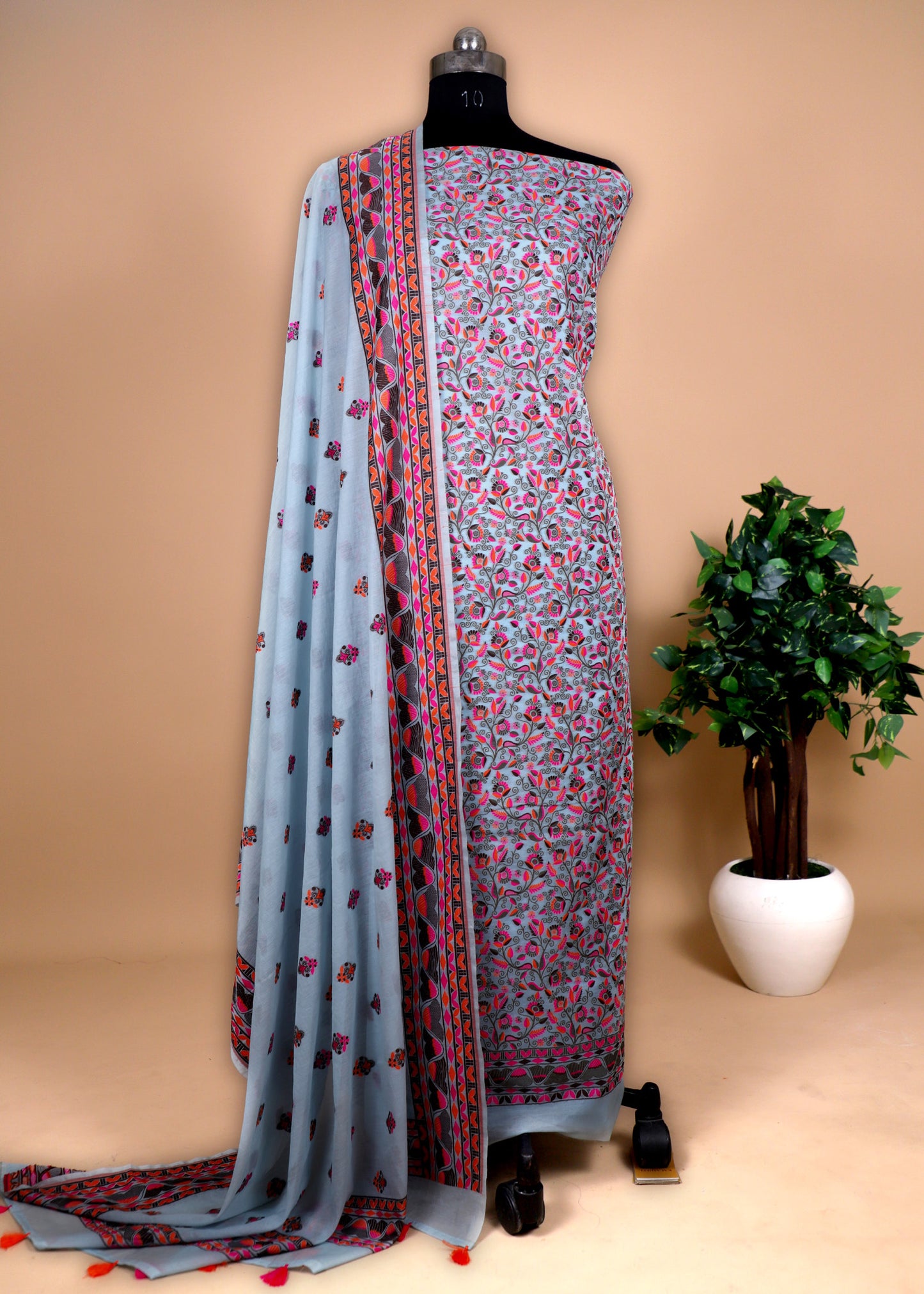 Madhubani Cotton Unstitched Suit with Meenakari Cutwork Weaving