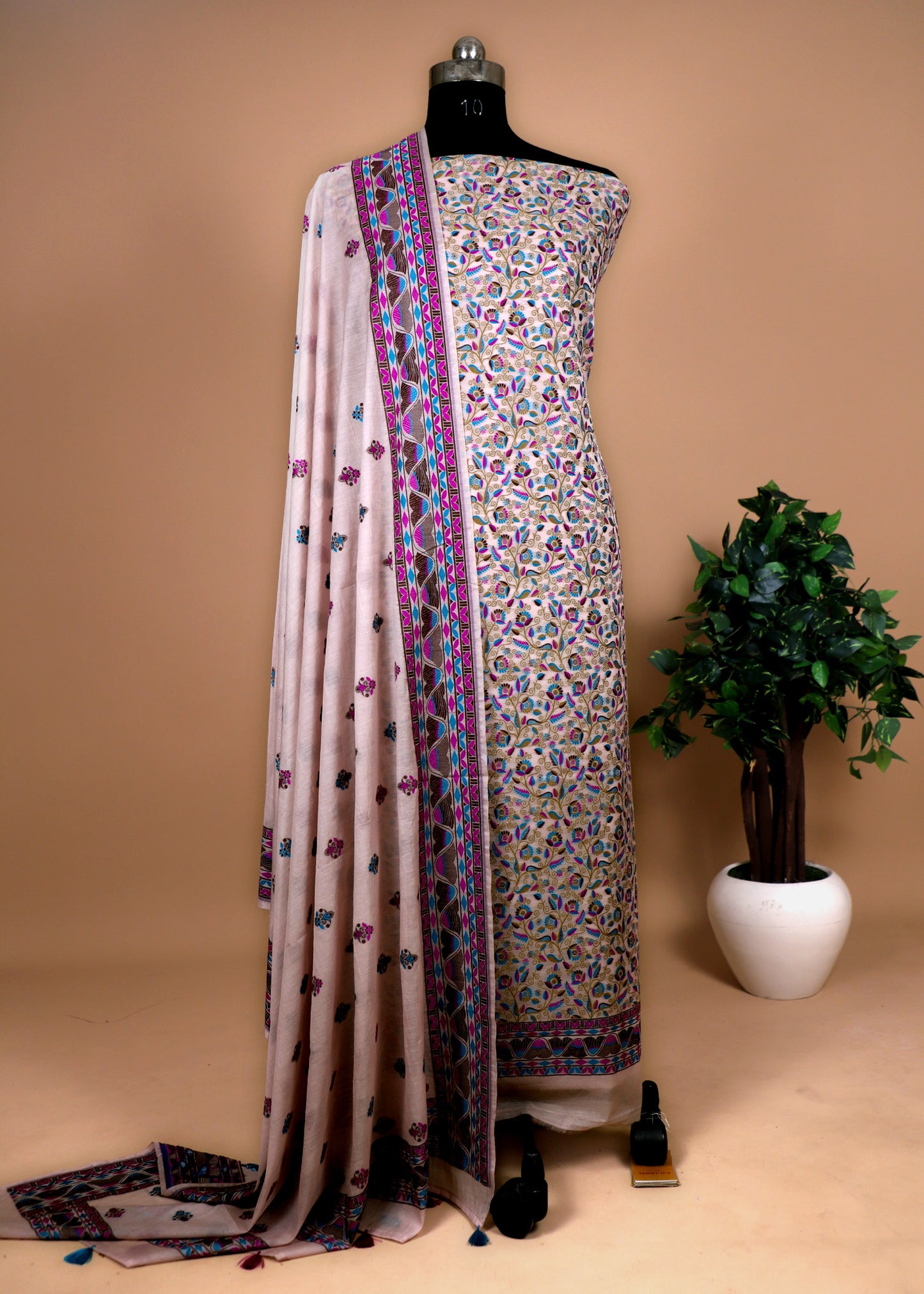 Madhubani Cotton Unstitched Suit with Meenakari Cutwork Weaving