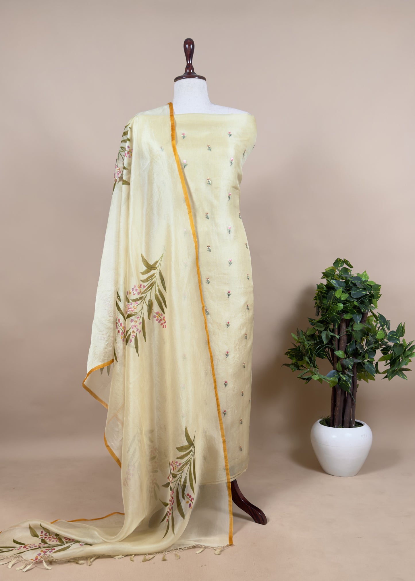 Yellow Pure Organza Unstitched Suit In Resham Embroidery