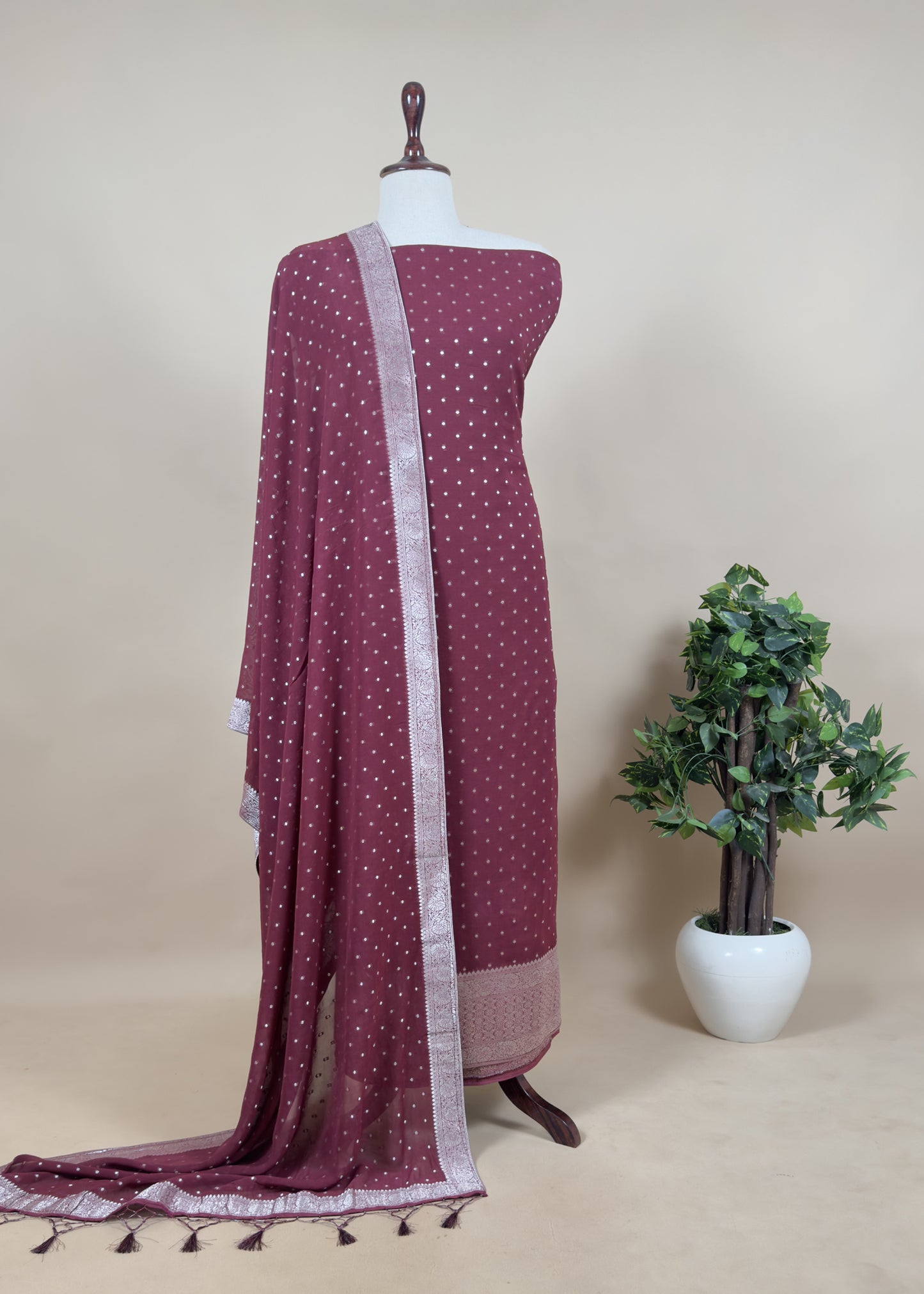 Brown Banarasi Georgette Suit With Jacquard Weaving