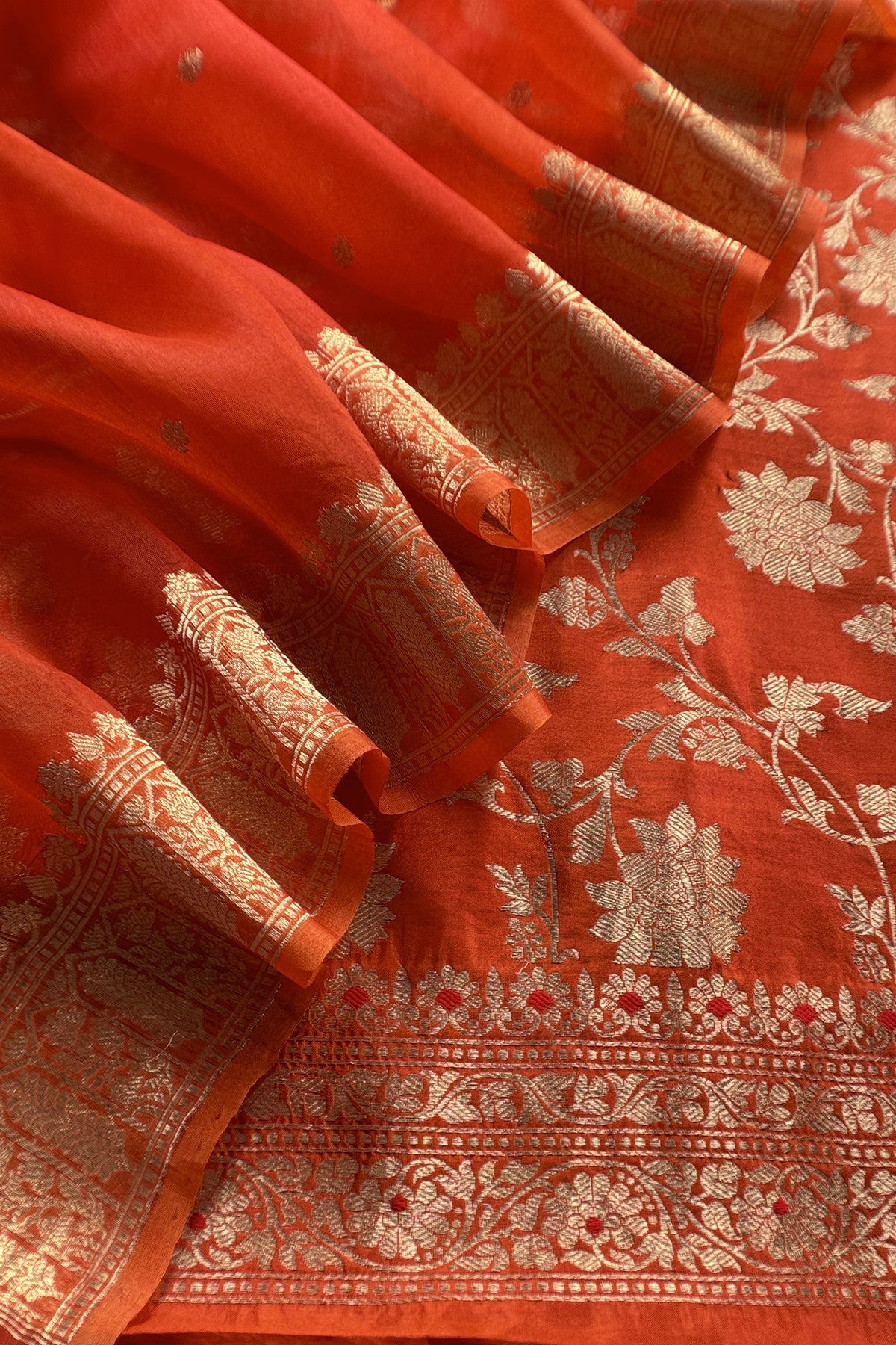 Orange Varanasi Pure Silk Suit With Sonarupa Weaving With Kora Silk Dupatta
