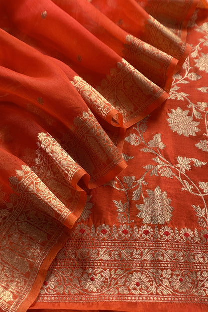 Orange Varanasi Pure Silk Suit With Sonarupa Weaving With Kora Silk Dupatta