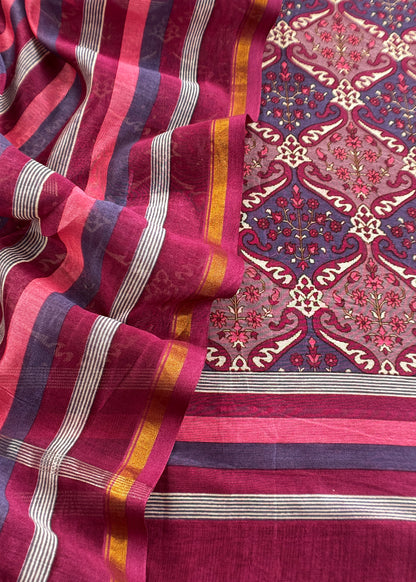 Purple Pure Maheshwari Silk Suit In Hand-Block Print With Dupatta
