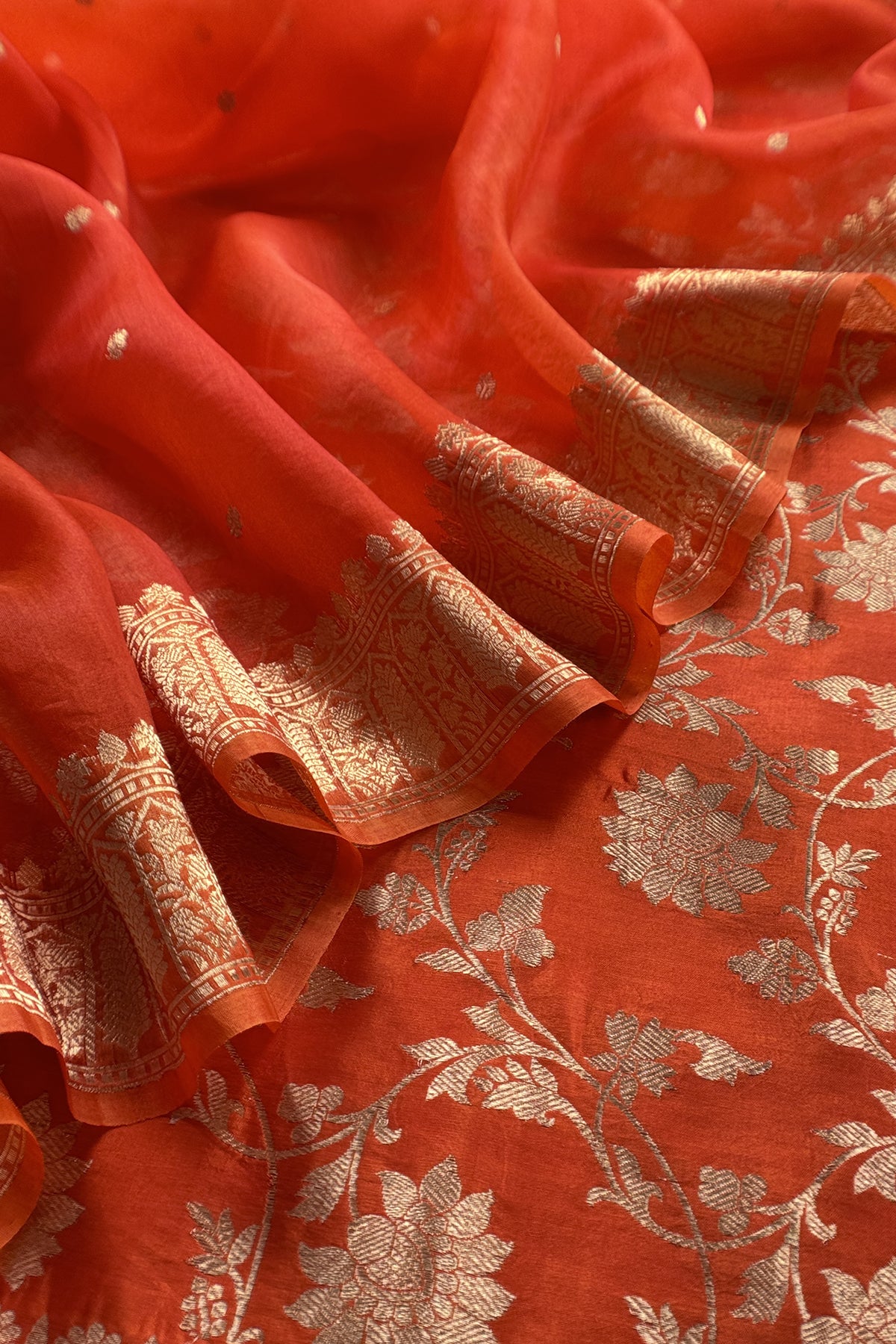 Orange Varanasi Pure Silk Suit With Sonarupa Weaving With Kora Silk Dupatta