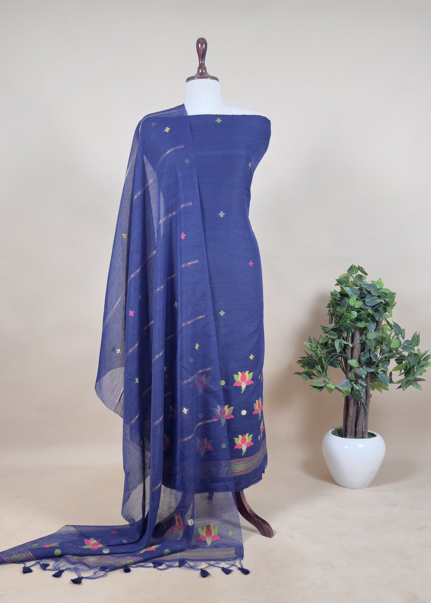 Firozi Floral Jamdani Weaved Unstitched Suit In Chanderi