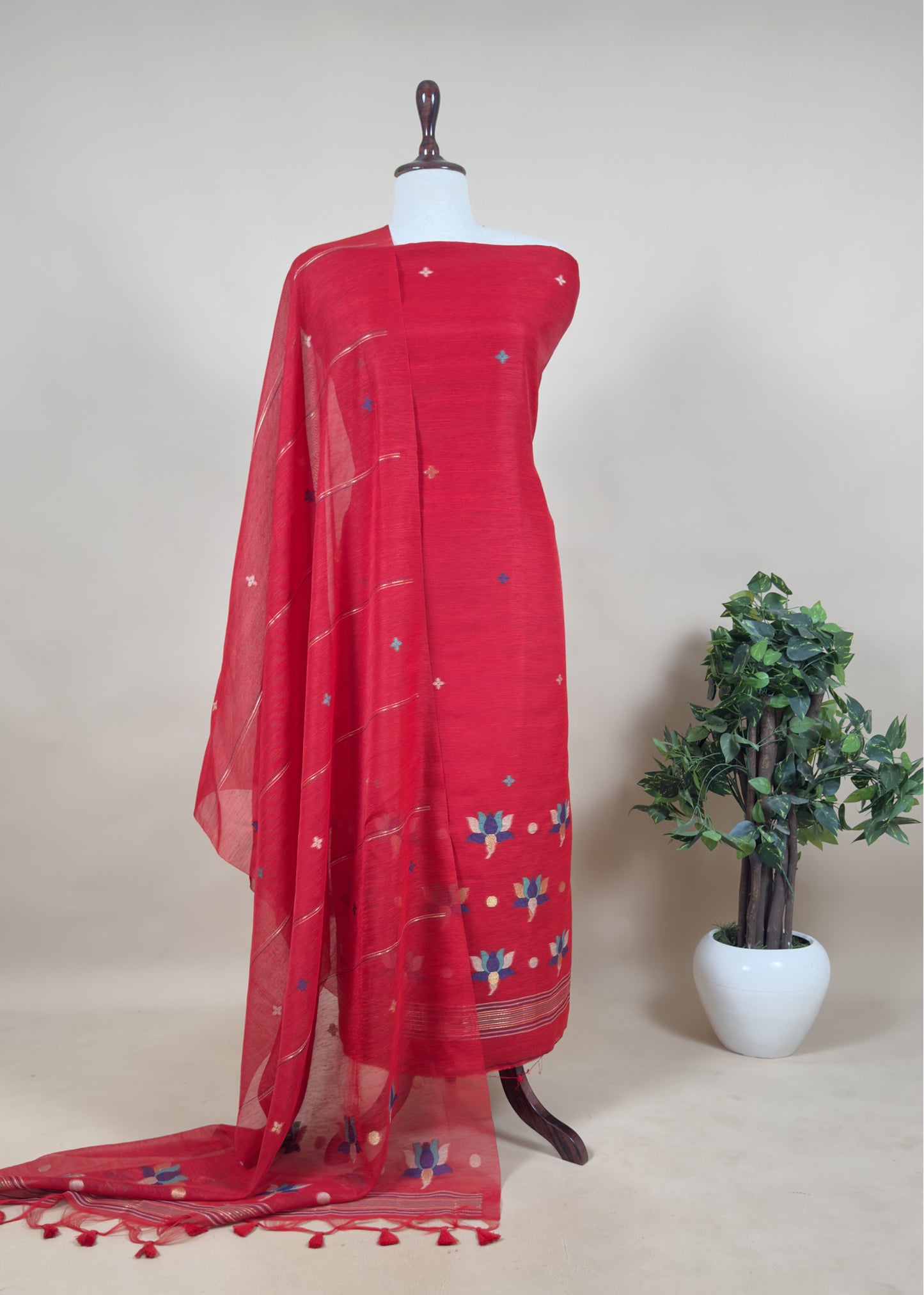 Firozi Floral Jamdani Weaved Unstitched Suit In Chanderi