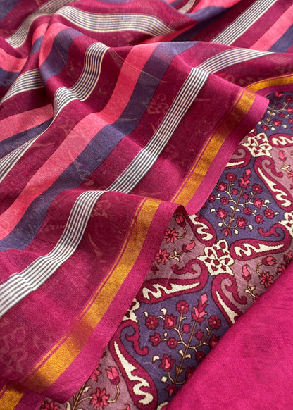 Purple Pure Maheshwari Silk Suit In Hand-Block Print With Dupatta