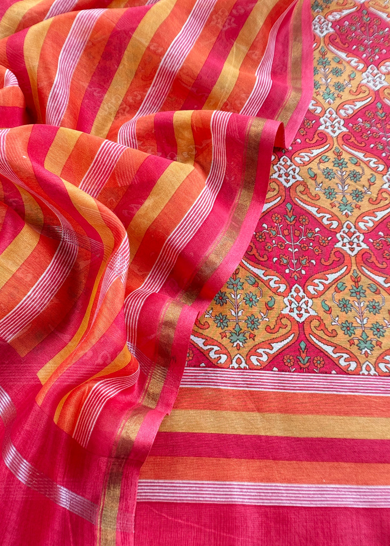 Red Pure Maheshwari Silk Suit In Hand-Block Print With Dupatta