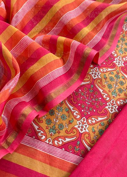 Red Pure Maheshwari Silk Suit In Hand-Block Print With Dupatta