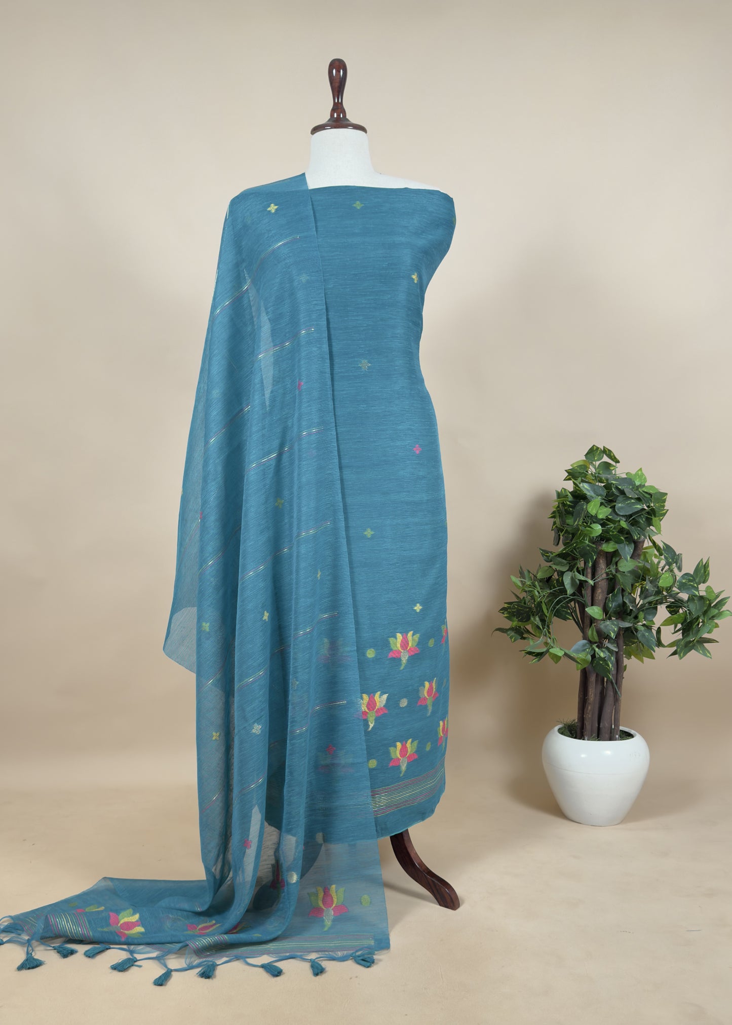 Royal Blue Floral Jamdani Weaved Unstitched Suit In Chanderi