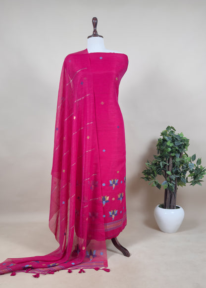Royal Blue Floral Jamdani Weaved Unstitched Suit In Chanderi