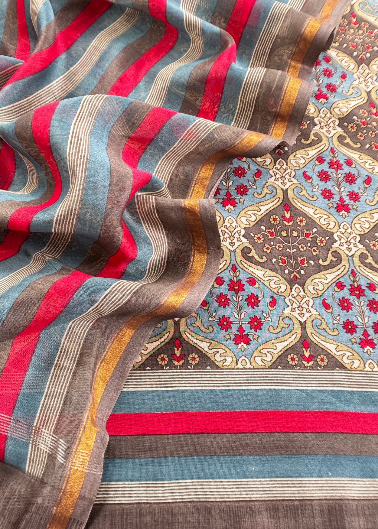Brown Pure Maheshwari Silk Suit In Hand-Block Print With Dupatta