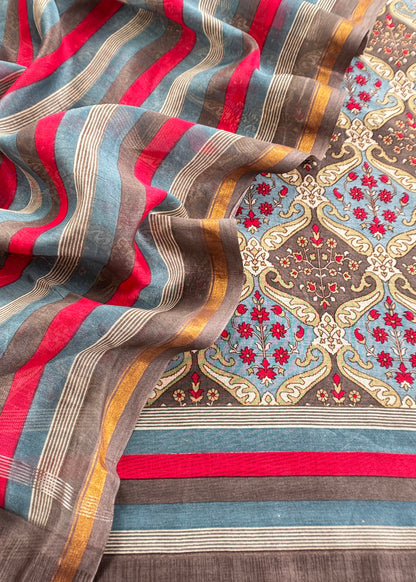 Brown Pure Maheshwari Silk Suit In Hand-Block Print With Dupatta