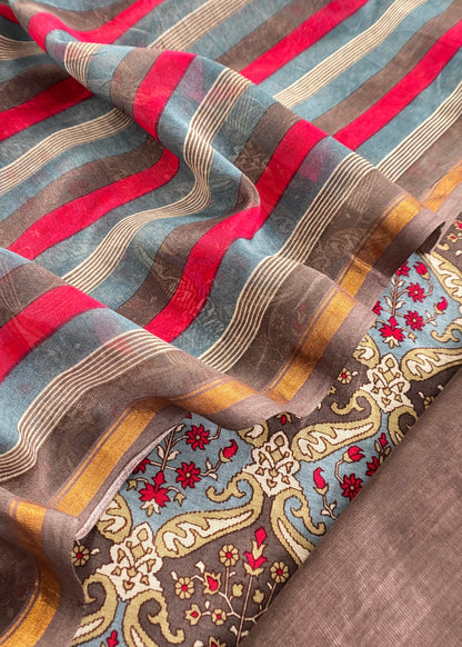 Brown Pure Maheshwari Silk Suit In Hand-Block Print With Dupatta