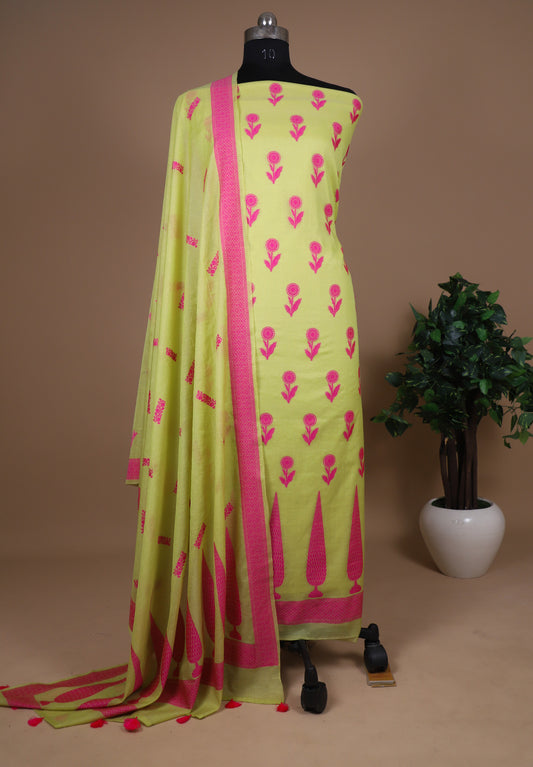 Banarasi Handloom Cotton Unstitched Suit With Contrast Cutwork Weaving