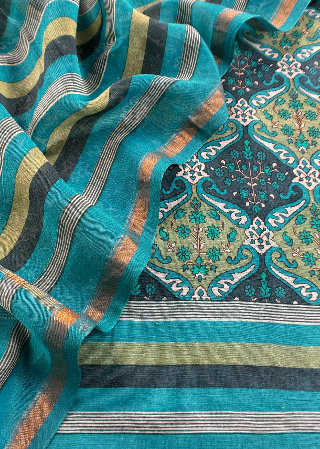 Blue Pure Maheshwari Silk Suit In Hand-Block Print With Dupatta