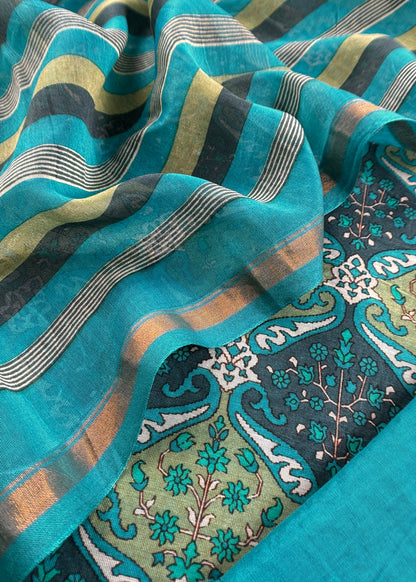 Blue Pure Maheshwari Silk Suit In Hand-Block Print With Dupatta