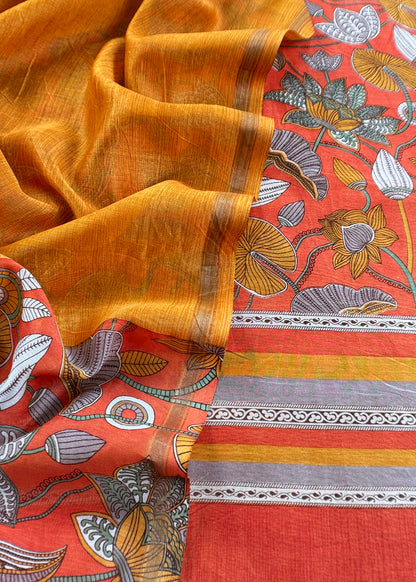 Orange With Yellow Pure Maheshwari Silk Unstitched Suit With Dupatta