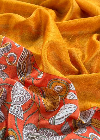 Orange With Yellow Pure Maheshwari Silk Unstitched Suit With Dupatta