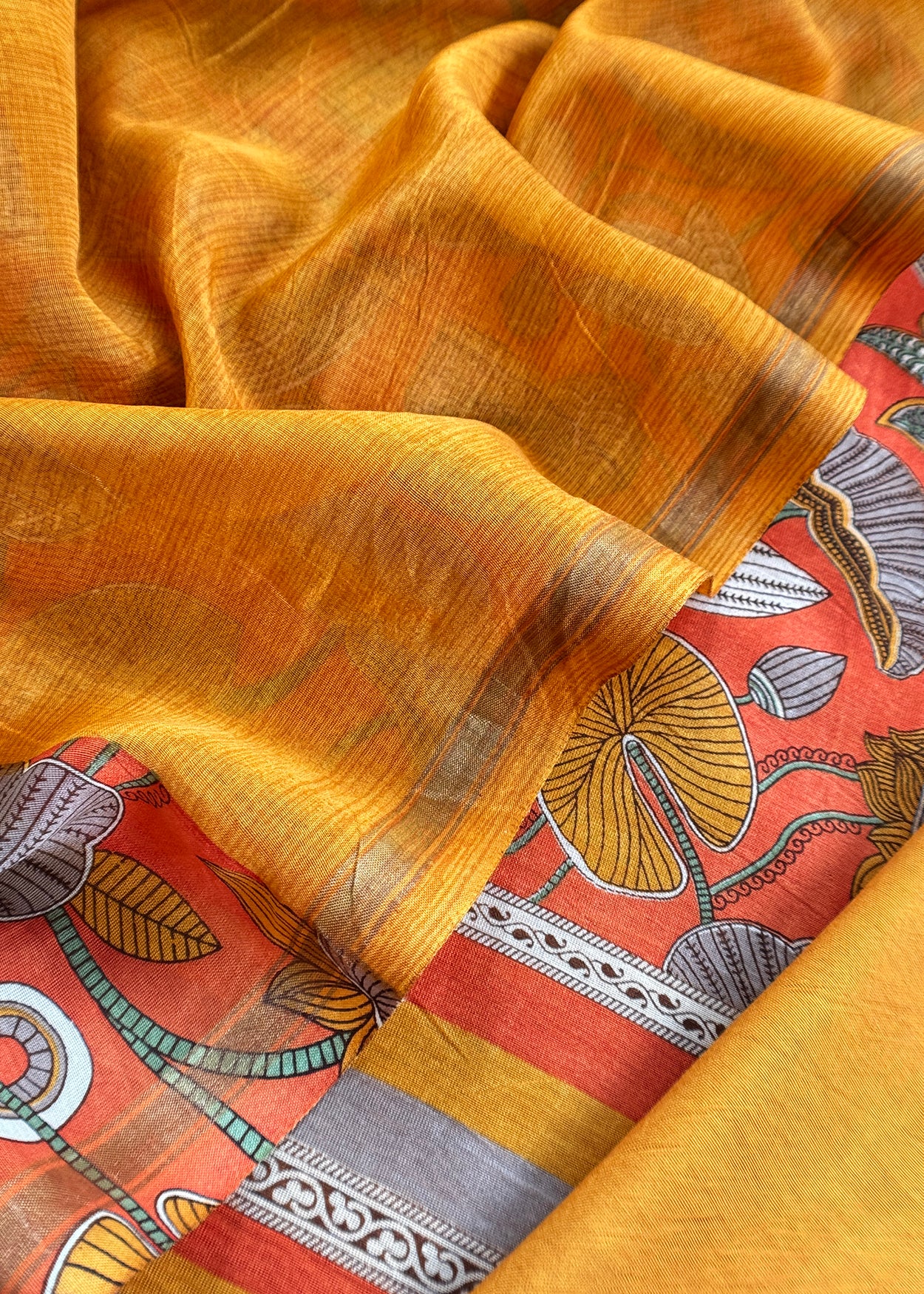 Orange With Yellow Pure Maheshwari Silk Unstitched Suit With Dupatta