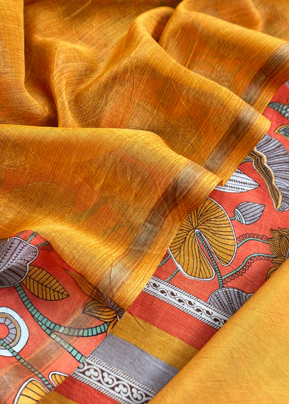 Orange With Yellow Pure Maheshwari Silk Unstitched Suit With Dupatta