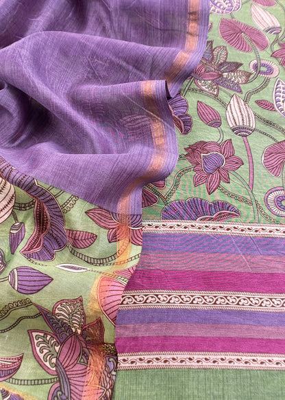 Green With Purple Pure Maheshwari Silk Unstitched Suit With Dupatta
