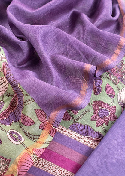 Green With Purple Pure Maheshwari Silk Unstitched Suit With Dupatta
