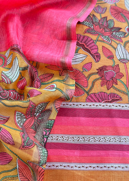 Yellow With Red Pure Maheshwari Silk Unstitched Suit With Dupatta