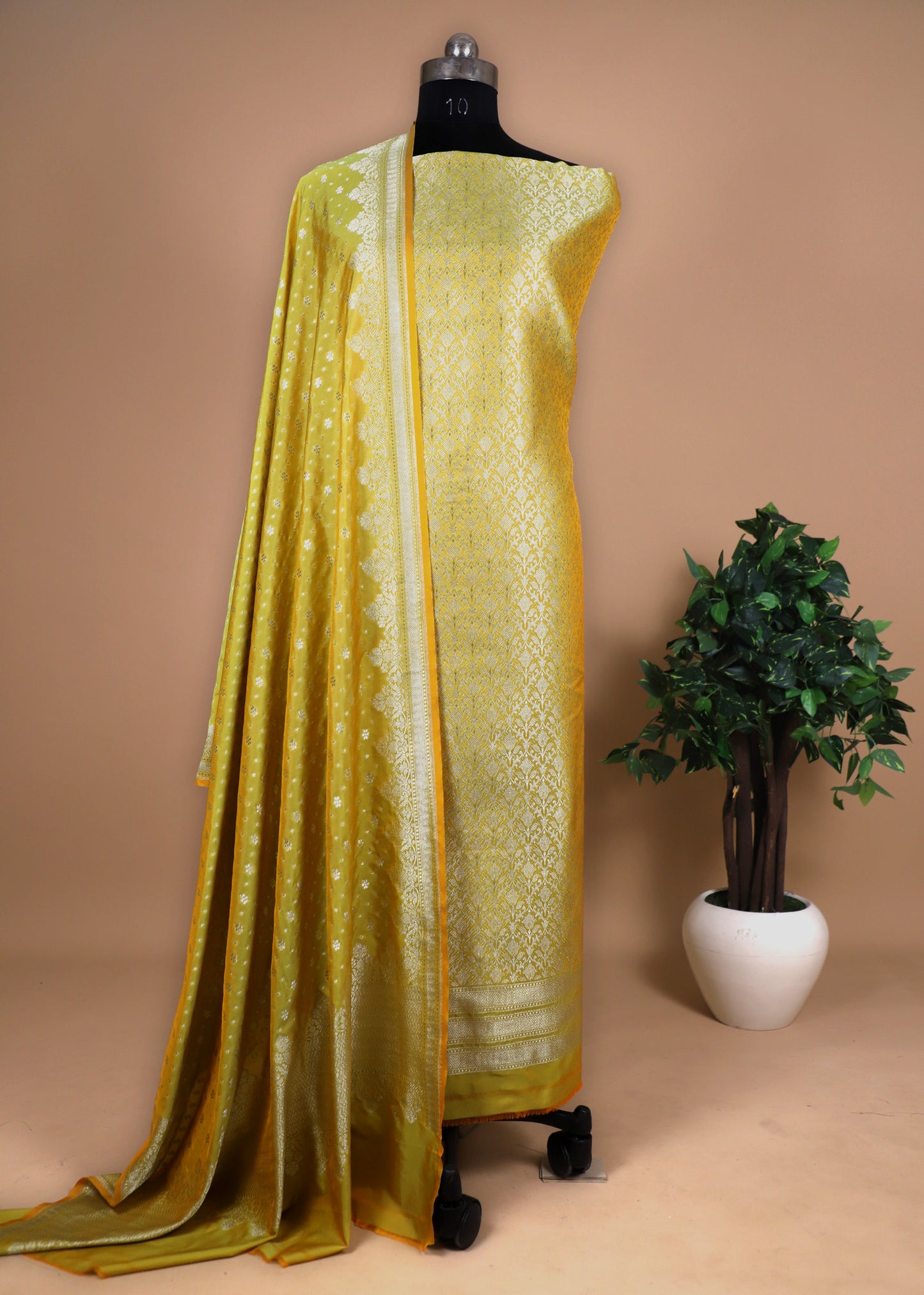 Yellow Green Katan Silk Suit with Brocade Weaving