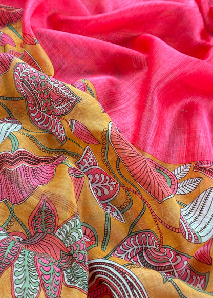 Yellow With Red Pure Maheshwari Silk Unstitched Suit With Dupatta