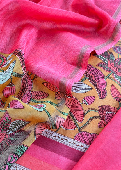 Yellow With Red Pure Maheshwari Silk Unstitched Suit With Dupatta