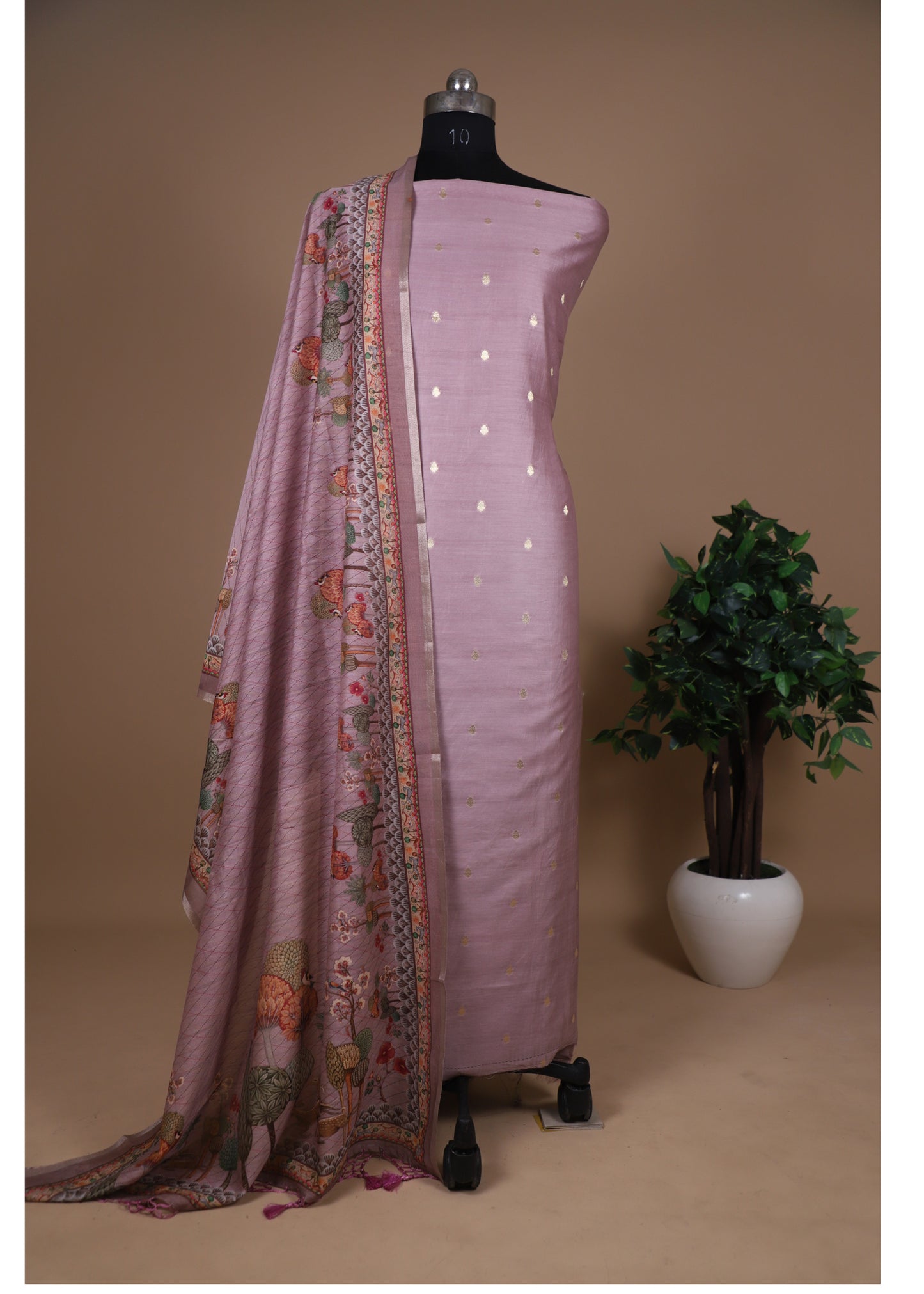 Mauvish Pink Banarasi Chanderi Unstitched Suit With Pichwai Dupatta