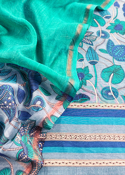 Blue Pure Maheshwari Silk Unstitched Suit With Dupatta