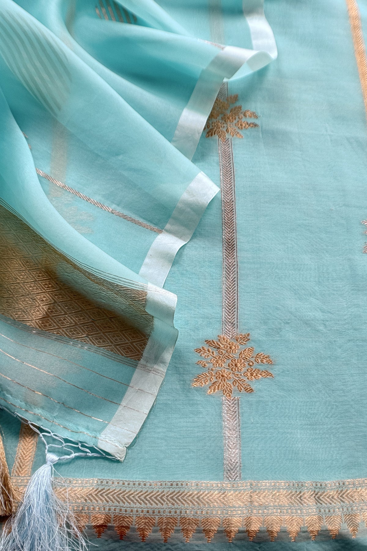 Sky Blue Handloom Kora Silk Suit With Sona Rupa Kadwa Weaving