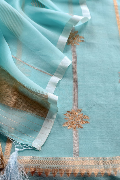 Sky Blue Handloom Kora Silk Suit With Sona Rupa Kadwa Weaving